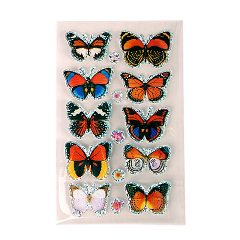 10 sparkly 3D butterfly stickers in colors of red, orange, brown and white.